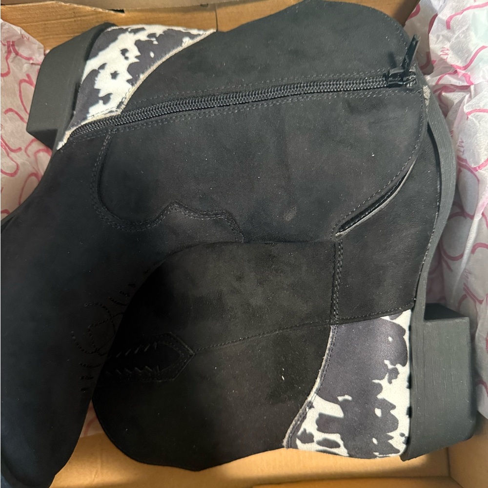 Sugar Black Suede Ankle Boots with Black & White Cow Print Accents